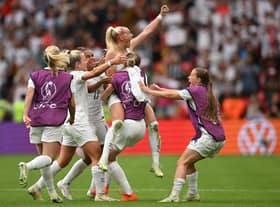 England’s striker Chloe Kelly celebrates scoring the winner of the Women’s Euro 2022 final.
