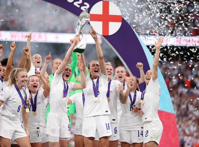 England lift the trophy during the UEFA Women’s Euro 2022 final match (Getty Images)