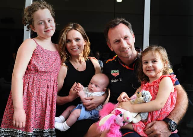 Red Bull Racing Team Principal Christian Horner with his wife Geri Horner and their children (left) Bluebell, (centre) Montague and (right) Olivia