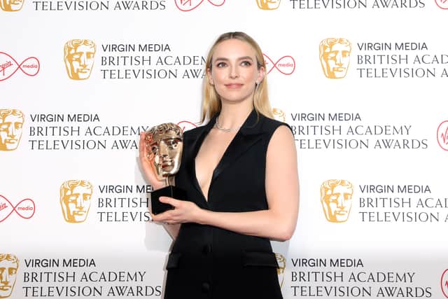 Jodie Comer, winner of the Leading Actress Award in the press room at the Virgin Media British Academy Television Awards at The Royal Festival Hall on May 08, 2022