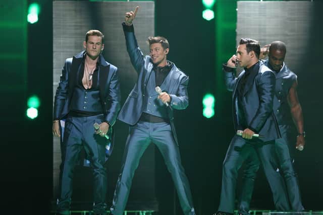 Blue of the United Kingdom perform during the dress rehearsal ahead of the finals of the 2011 Eurovision Song Contest