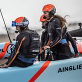 Duchess of Cambridge joins the British team aboard of their F50 foiling catamaran to take part in a friendly “Commonwealth Race” against their New Zealand rivals, ahead of the final day of the Great Britain Sail Grand Prix on July 31, 2022. (Photo by Jeff Gilbert / POOL / AFP) (Photo by JEFF GILBERT/POOL/AFP via Getty Images)