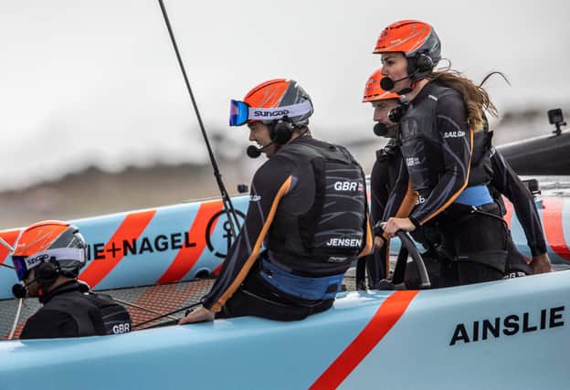 Duchess of Cambridge joins the British team aboard of their F50 foiling catamaran to take part in a friendly “Commonwealth Race” against their New Zealand rivals, ahead of the final day of the Great Britain Sail Grand Prix on July 31, 2022. (Photo by Jeff Gilbert / POOL / AFP) (Photo by JEFF GILBERT/POOL/AFP via Getty Images)
