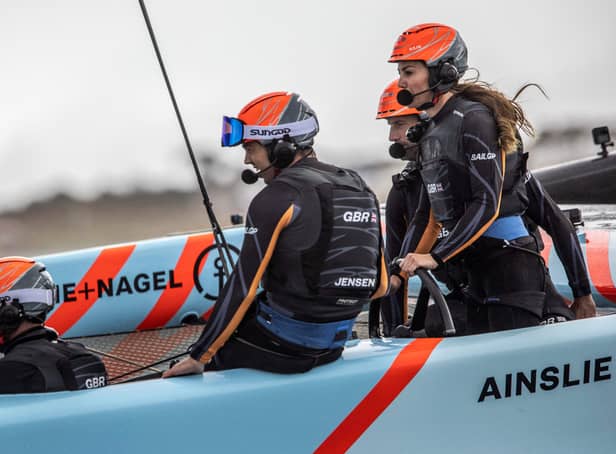 <p>Duchess of Cambridge joins the British team aboard of their F50 foiling catamaran to take part in a friendly “Commonwealth Race” against their New Zealand rivals, ahead of the final day of the Great Britain Sail Grand Prix on July 31, 2022. (Photo by Jeff Gilbert / POOL / AFP) (Photo by JEFF GILBERT/POOL/AFP via Getty Images)</p>