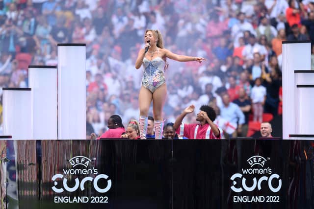 Becky Hill performs prior to the UEFA Women's Euro 2022 final match between England and Germany at Wembley Stadium 