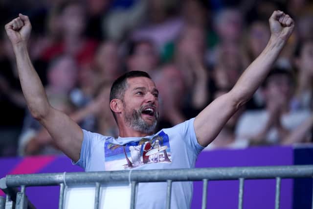 Fred Sirieix celebrates as his daughter wins gold in the Womens 10m Platform Final at Sandwell Aquatics Centre on day seven of the 2022 Commonwealth Games in Birmingham (Photo: PA/Mike Egerton)