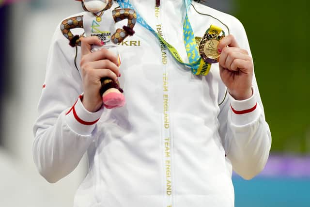 Englands Andrea Spendolini Sirieix with her Gold Medal after the Womens 10m Platform Final at Sandwell Aquatics Centre on day seven of the 2022 Commonwealth Games in Birmingham (Photo: PA/Mike Egerton)
