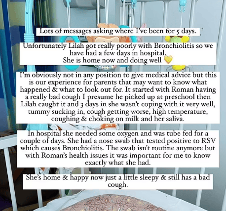 Lucy shared the same image of Lilah with tubes attached to her - with a list of the symptoms her daughter suffered with. (Photo Credit: Instagram/@lucymeck1)