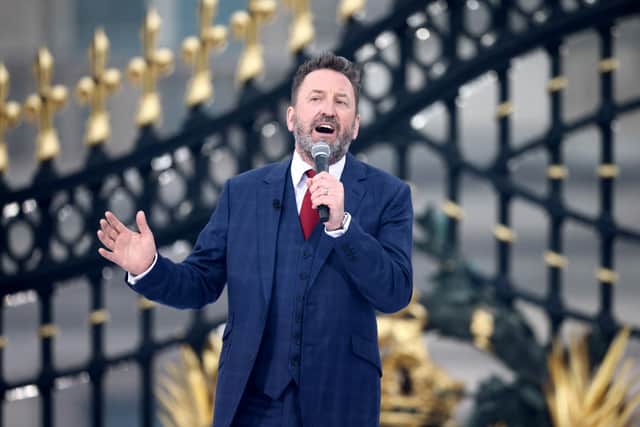 Comedian Lee Mack entertains the crowd during the Platinum Party At The Palace at Buckingham Palace - June 2022. (Photo by Henry Nicholls - WPA Pool/Getty Images)