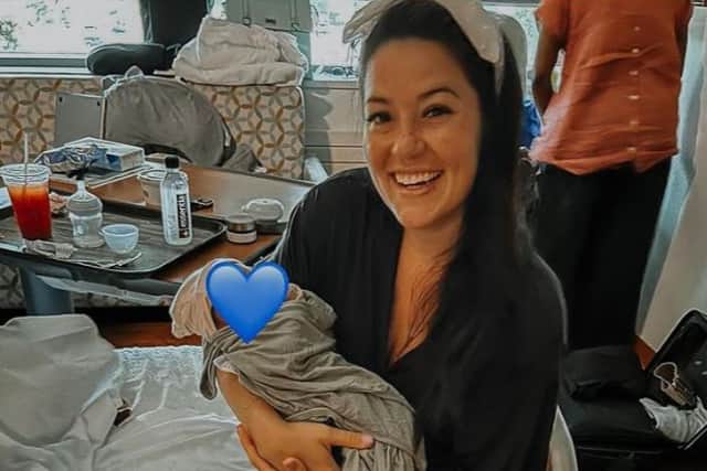 Samantha Matthews and her surrogacy baby boy who weighed in at 5.14 pounds (Photo from @wearesamanddan Instagram)