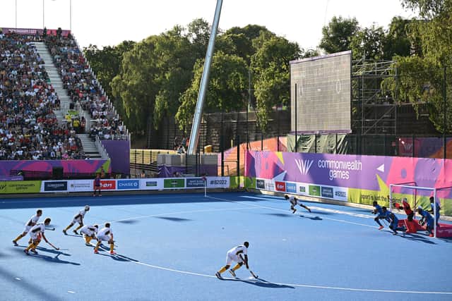 South Africa take a penalty corner during the men's semi-final hockey match between India and South Africa on day nine of the Commonwealth Games in Birmingham, central England, on August 6, 2022. (Photo by Paul ELLIS / AFP) (Photo by PAUL ELLIS/AFP via Getty Images)
