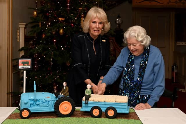 Camilla, Duchess of Cornwall and June Spencer cut an Archers themed cake during a celebration of “The Archers” 70th anniversary at Clarence House on December 7, 2021 in London, England. (Photo by Kate Green-WPA Pool/Getty Images)