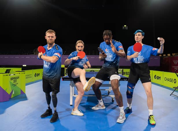 <p>Mark Ormrod, Ovie Soko, Tom Rosenthal and Sian Welby  during the Sport Relief All-Star Games: Birmingham 2022</p>
