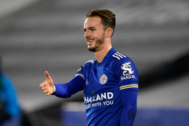 James Maddison of Leicester City celebrates after scoring their team's first goal during the Premier League match between Leicester City and Southampton