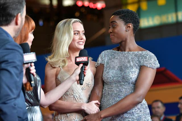 Brie Larson (L) and Lashana Lynch attend Marvel Studios "Captain Marvel" Premiere on March 04, 2019 in Hollywood, California. (Photo by Amy Sussman/Getty Images)