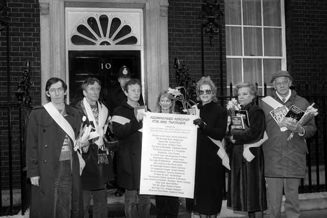 A recommended reading list presented by authors and publishers gathered outside No.10 Downing Street, London, to support book action for Nuclear Disarmament being delivered to Margaret Thatcher to mark the start of the National Peace Book Week. From left to right, Ian McEwan, Raymond Briggs, Maggie Gee, Antonia Fraser, Caroline Blackwood and E.P Thompson. (Photo: PA/Matt Crossick)