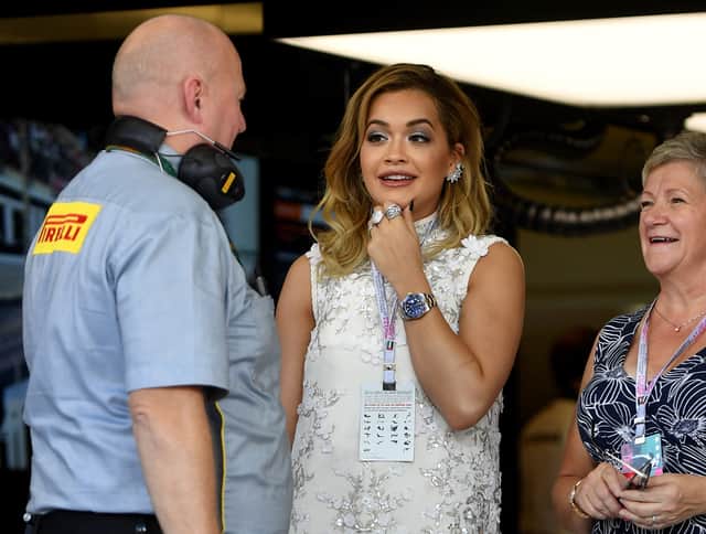 Rita Ora at the Abu Dhabi Grand Prix next to Lewis Hamilton’s mum