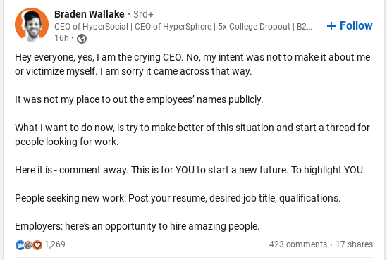 Wallake made a followup post, however it has attracted just as much negative attention (Photo: LinkedIn/Braden Wallake)