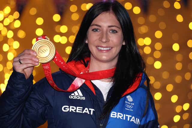 Muirhead celebrates her gold medal in February 2022