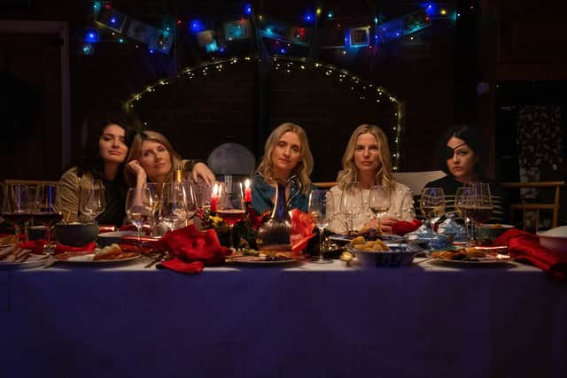 Eve Hewson, Sharon Horgan, Anne-Marie Duff, Eva Birthistle and Sarah Greene as the Garveys at Christmas dinner (Credit: Apple TV+)