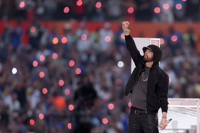 <p>Eminem performs during the Pepsi Super Bowl LVI Halftime Show at SoFi Stadium on February 13, 2022 in Inglewood, California (Photo: Rob Carr/Getty Images)</p>