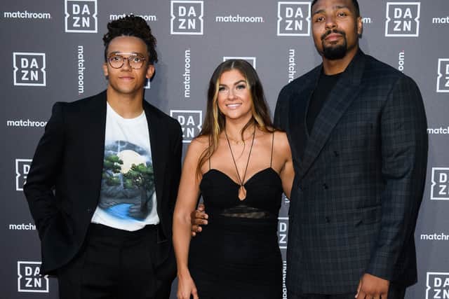 Jordan Banjo and fiancé Naomi Courts attend event alongside Perri Kiely in London, England. (Photo by Joe Maher/Getty Images)