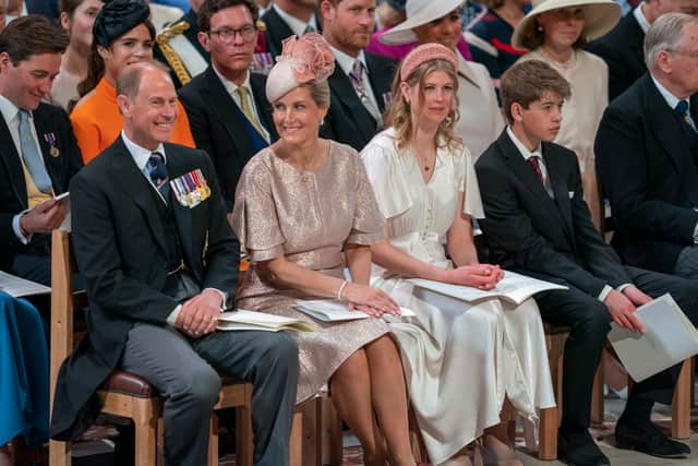  (L-R) Prince Edward, Earl of Wessex, Sophie, Countess of Wessex, Lady Louise Windsor and James, Viscount Severn, attend the National Service of Thanksgiving to Celebrate the Platinum Jubilee of Her Majesty The Queen at St Paul's Cathedral on June 3, 2022 in London, England. The Platinum Jubilee of Elizabeth II is being celebrated from June 2 to June 5, 2022, in the UK and Commonwealth to mark the 70th anniversary of the accession of Queen Elizabeth II on 6 February 1952. (Photo by Arthur Edwards - WPA Pool/Getty Images)