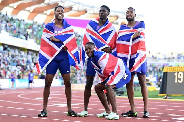 EUGENE, OREGON - JULY 23: Zharnel Hughes, Reece Prescod, Nethaneel Mitchell-Blake and Jona Efoloko of Team Great Britain celebrate after winning bronze in the Men's 4x100m Relay Final on day nine of the World Athletics Championships Oregon22 at Hayward Field on July 23, 2022 in Eugene, Oregon. (Photo by Hannah Peters/Getty Images for World Athletics)