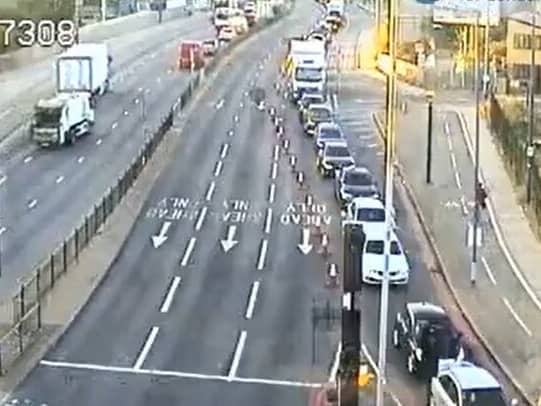 <p>Traffic queueing after the A40 was closed due to the fatal crash in west London. Credit: TfL</p>