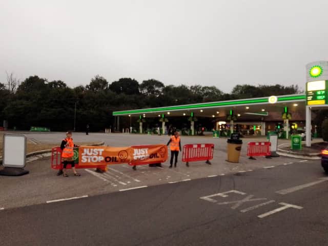 Just Stop Oil protestors blocking petrol stations in Surrey. Credit: Just Stop Oil