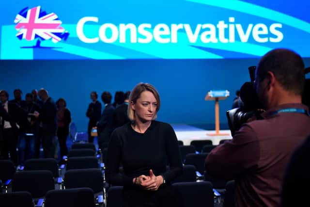 Journalist Laura Kuenssberg speaks to camera after then-Prime Minister Theresa May delivered her speech on the final day of the Conservative Party annual conference at the Manchester Central Convention Centre in Manchester, northwest England, on October 4, 2017 (Photo by OLI SCARFF/AFP via Getty Images)