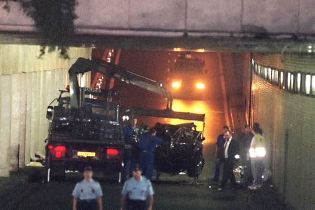 The wreckage of Princess Diana’s car is removed from the Parisian tunnel it crashed in (image: AFP/Getty Images)
