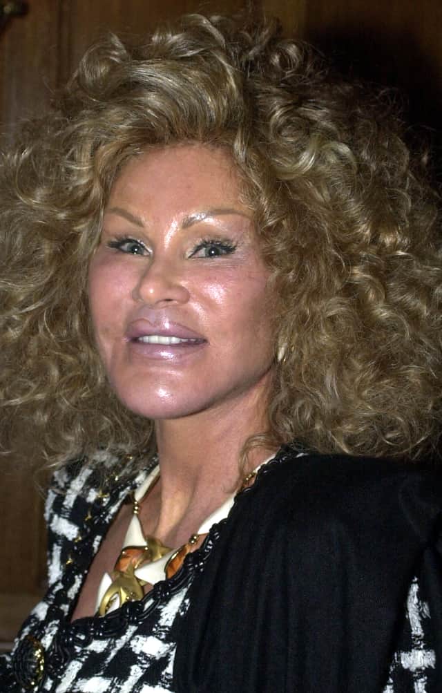 Jocelyne Wildenstein arrives for the Helen Yarmak fashion show May 20, 2002 at the Russian Embassy in New York City. (Photo by Keith D. Bedford/Getty Images)