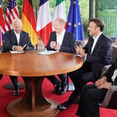 Prime Minister Boris Johnson, US President Joe Biden, German Chancellor Olaf Scholz and President of France Emmanuel Macron during a ‘quad’ meeting at the G7 summit on June 28, 2022.