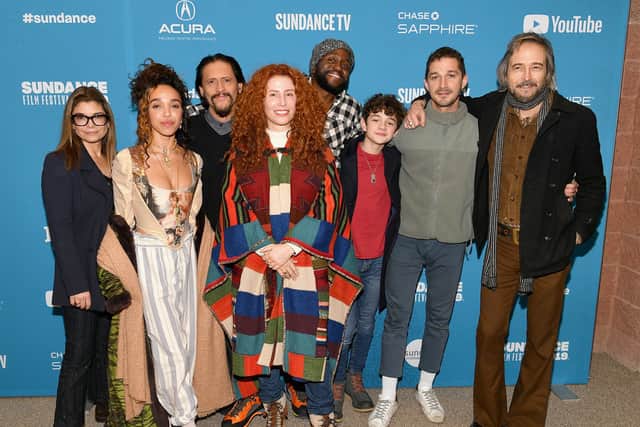 Director Alma Har’el (C) poses with actors (L-R) Laura San Giacomo, FKA Twigs, Clifton Collins Jr., Byron Bowers, Noah Jupe, Shia LaBeouf and Craig Stark at the “Honey Boy” Premiere (Getty Images)