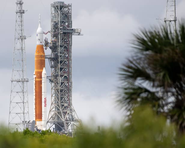 NASA’s Space Launch System (SLS) rocket with the Orion spacecraft aboard is seen atop a mobile launcher at Launch Pad 39B as preparations for launch continue at NASA’s Kennedy Space Center on August 28, 2022, in Cape Canaveral, Florida. (Photo by Joel Kowsky/NASA via Getty Images)