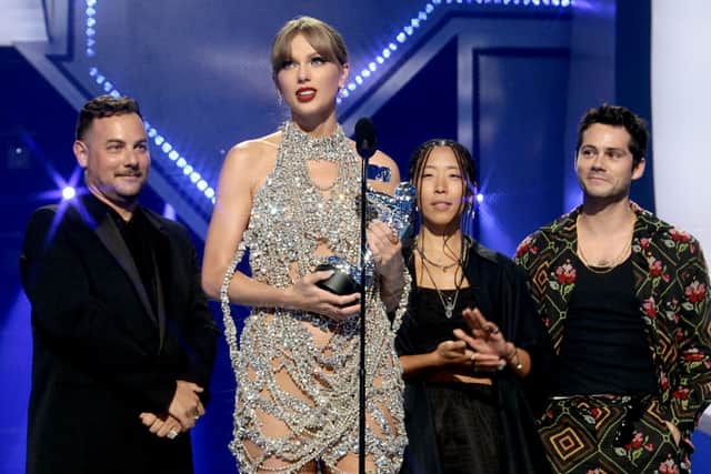 Taylor Swift accepts the Best Long Form Video award onstage at the 2022 MTV VMAs at Prudential Center on August 28, 2022 in Newark, New Jersey. (Photo by Dimitrios Kambouris/Getty Images for MTV/Paramount Global)