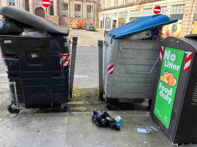 Overflowing bins in Aberdeen city centre as the strike action continues.