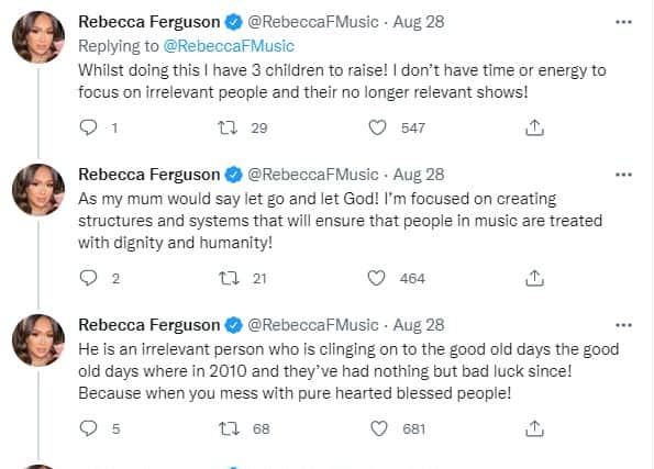 A series of tweets from Ferguson showed her veiled opinions of Simon Cowell and SyCo