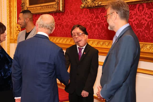 Prince Charles, Prince of Wales meets Adam Pearson and Hugh Dennis during the Prince’s Trust Awards Trophy Ceremony at St James Palace on October 21, 2021 in London, England (Photo by Tim P. Whitby - Pool/Getty Images)