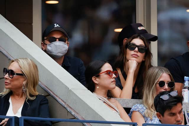 Leonardo DiCaprio and his girlfriend, model/actress, Camila Morrone watch the Men’s Singles final match on September 12, 2021 (Photo by Sarah Stier/Getty Images)