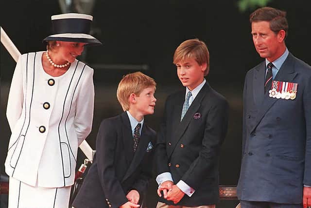 Princess Diana(L), her sons Harry(2nd L) and William(2nd R), and Prince Charles(R). Credit: JOHNNY EGGITT/AFP via Getty Images