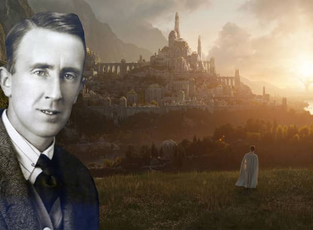 Composite of J. R. R. Tolkien on new Rings of Power backdrop. (PA)