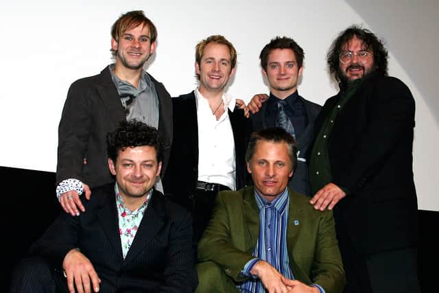 (L-R 1st row to 2nd row)  Actors Andy Serkis, Viggo Mortensen, Billy Boyd, Dominic Monaghan, Elijah Wood and Director Peter Jackson (Pic: Getty Images)
