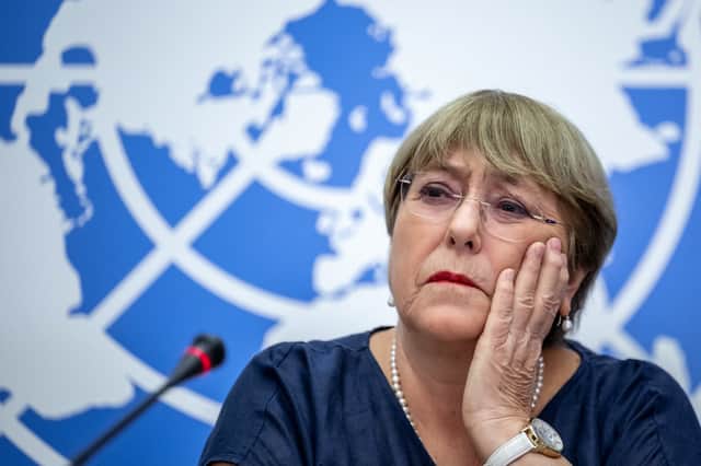 Outgoing United Nations High Commissioner for Human Rights Michelle Bachelet gives a final press conference at the United Nations offices in Geneva on August 25, 2022