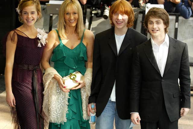 From left to right: Emma Watson, JK Rowling, Rupert Grint and Daniel Radcliffe arrive at the premiere for the latest Harry Potter Film, the Prisoner of Azkaban at Leicester Square, London U.K. (Photo by CARL DE SOUZA/AFP via Getty Images)