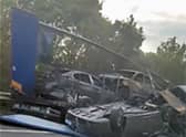 BEST QUALITY AVAILABLE Screenshot taken with permission from a video posted on the Twitter feed of @EmriGreg showing cars involved in a crash on the M11 near Stanstead airport. Issue date: Thursday September 1, 2022.