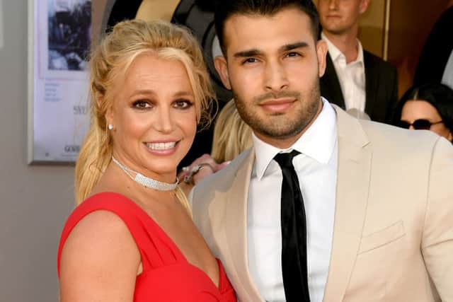 Britney Spears and Sam Asghari arrive at the premiere of Sony Pictures’ “One Upon A Time...In Hollywood” at the Chinese Theatre on July 22, 2019 in Hollywood, California. (Photo by Kevin Winter/Getty Images)