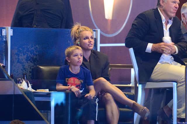 Britney Spears and her son Jayden attend a hockey game between the New York Rangers and the Los Angeles Kings in Game Two of the 2014 NHL Stanley Cup Final at the Staples Center on June 7, 2014 in Los Angeles, California.  (Photo by Noel Vasquez/Getty Images)