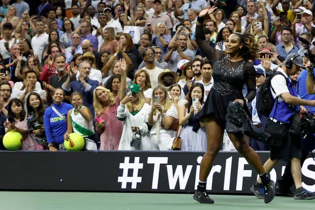 NEW YORK, NEW YORK - SEPTEMBER 02: Serena Williams of the United States acknowledges the fans after being defeated by Ajla Tomlijanovic of Australia during their Women's Singles Third Round match on Day Five of the 2022 US Open at USTA Billie Jean King National Tennis Center on September 02, 2022 in the Flushing neighborhood of the Queens borough of New York City. (Photo by Sarah Stier/Getty Images)